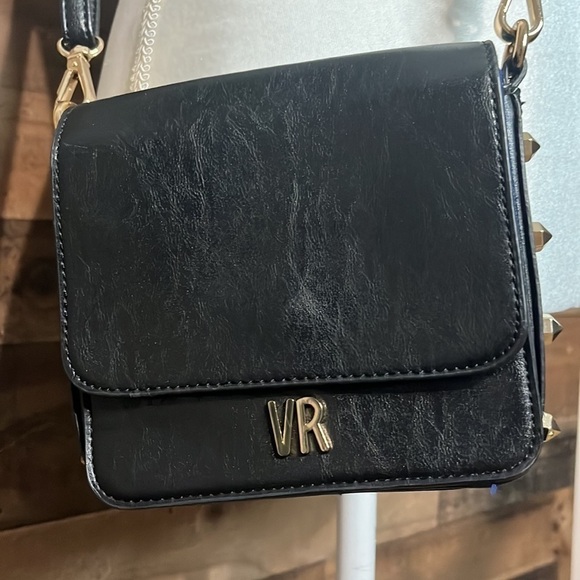 Vr Black Crossbody Bag Adjustable Straps Gold Tone Spikes - Picture 2 of 13